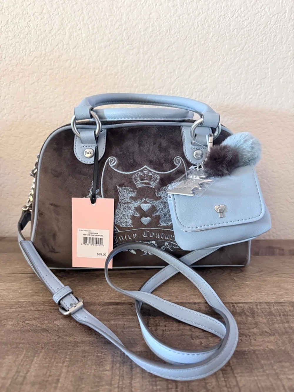 Juicy Couture Light Blue & Brown Velvet love chapter Satchel day dreamer bag